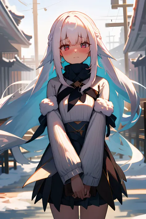 One girl with long hair, white hair, looking at viewer, embarrassed, blushing, :/, outdoor, sweater, long sleeves, black hight waist skirt, thigh, arms in chest, new year, temple, shawl