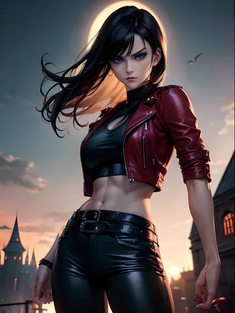 (Masterpiece), Anime Style, A Gorgeous 25 Years Old British Female Vampire Mercenary with Athletic Body, (Wavy Bob Black Hair), (Red Leather Jacket, Black Tanktop, and Black Tight Pants), (Pale Skin), (Blue Eyes), (Serious Looking), (Dark Castle at Night:1...