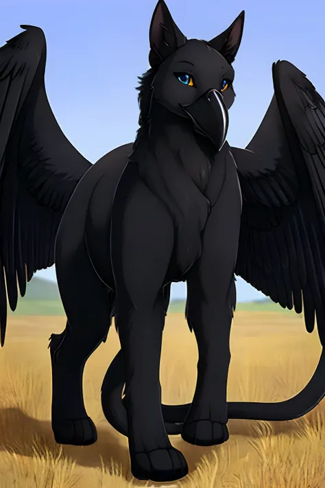 ((feral:1.8)), (quadruped:1.5), perfect eyes, (all black body:1.3), female, wide hips, (Gryphon:1.3), (long beak:1.25), (cat_tail:1.15), feathered wings, digitigrade legs,