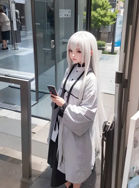 There is a woman with long gray hair holding a mobile phone, with white long hair, with long white hair, Anime girl cosplay, cosplayer, long white hair and bangs, Anime Cosplay, cosplay foto, Anime style mixed with Fujifilm, she is holding a smartphone, Gi...