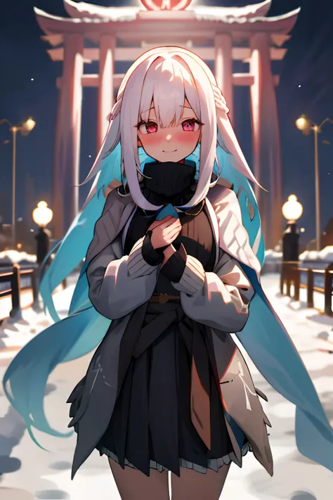 One girl with long hair, white hair, looking at viewer, embarrassed, blushing, :), outdoor, sweater, long sleeves, black hight waist skirt, thigh, arms in chest, new year, temple, shawl