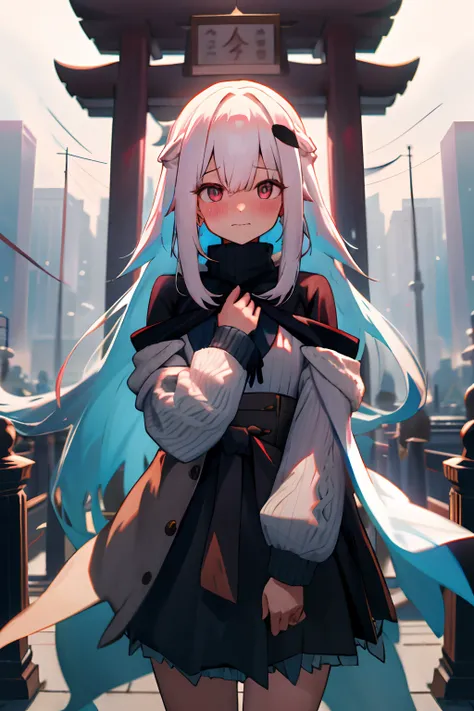 One girl with long hair, white hair, looking at viewer, embarrassed, blushing, :3, outdoor, sweater, long sleeves, black hight waist skirt, thigh, arms in chest, new year, temple, shawl