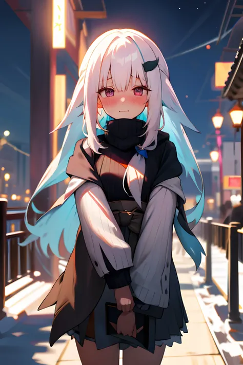 One girl with long hair, white hair, looking at viewer, embarrassed, blushing, :3, outdoor, sweater, long sleeves, black hight waist skirt, thigh, arms in chest, new year, temple, shawl