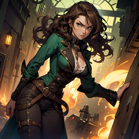 Badass Woman. Dark Green aura. Long Curly Brown Hair. Alone. Steampunk Style. Dark Night