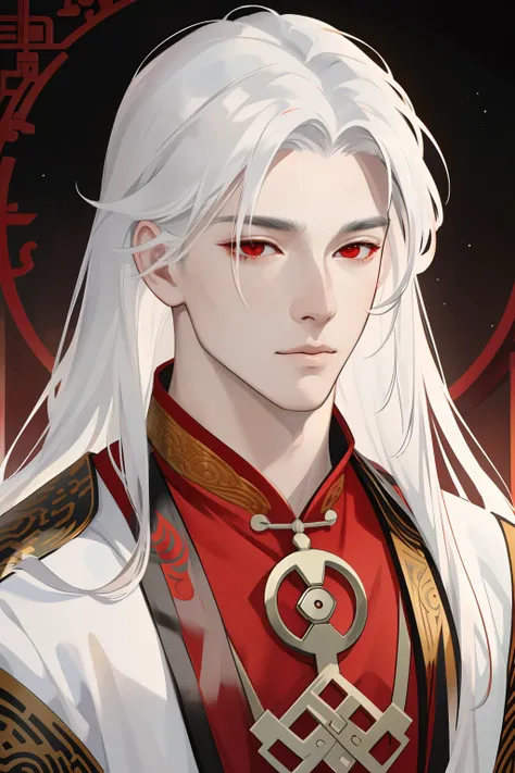 nsfw, masterpiece, best quality, ultra-detailed, semi-realistic, detailed facial features, 1boy, white hair, long hair, red eyes, wearing a detailed and intricate xianxia ancient clothes