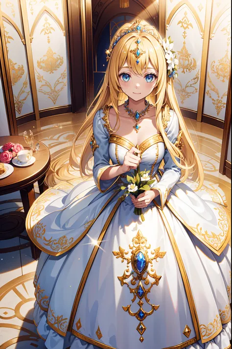 teens girl，divino，Enchanted，solo person，blond hairbl，having fun，Being in love，White and yellow princess dress，princess tiara，intricate detailed clothes，(jewel embellishment)，Carved，Royal motif，inside in room，(Shine:1.2), (Best quality), (Masterpiece:1.2)，B...