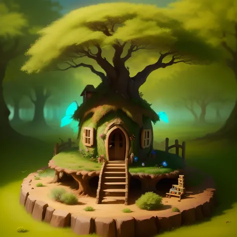 create a fairy house on an acacia tree, set in the desert, with gnomes,frogs and fairy’s, living in it