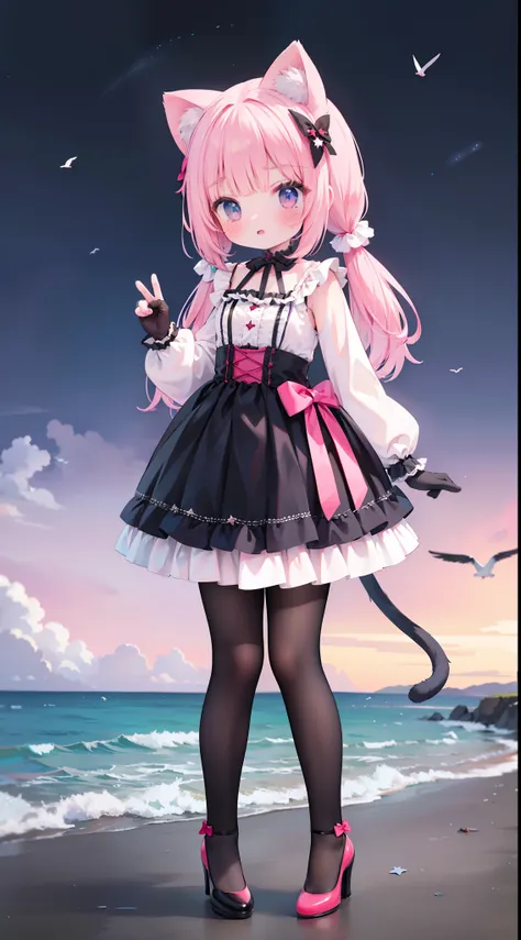 Wear beautiful clothes（Pink Lolita skirt）The little girl was cute，cat ear，coda，Tied with a ball head，hair tying up，（long-sleeved gloves）lacepantyhose，red high heel pumps，dynamicposes，photographed，Pose，Holding a glowing star by the sea，seagulls，Full body ph...