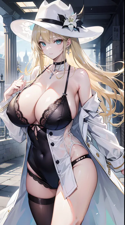 Chains，耳Nipple Ring，choker necklace，Forehead，middle parted hairstyle，femele，Train station，a beauty girl，Long light blonde hair，green pupills，Business suit，white business suit，in suit，White color blouse，((Black panty))，wind coat，Cowboy hat，Flower arrangemen...