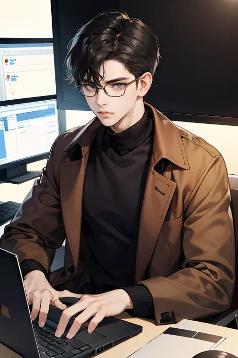 1 boy, Young male, Eyes looking to camera, Perfect male body, (Black hair, brown coat,brown sweater, Glasses, Sit in front of laptop),Computer screen, Control Room