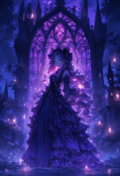 (a) gothic lolita, (dark, elegant:1.1), (purple-haired, long-haired), (wearing a dress, in a frilly dress), (carrying, holding) an umbrella, (frills, lace), (bow, ribbon), (standing, posing), (in front of) a moonlit castle

(b) surrounded by (purple fairy ...