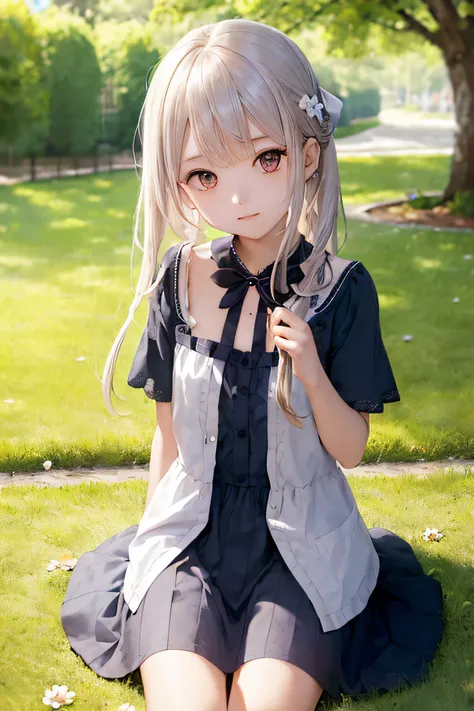 1girl in, (masutepiece:1.1), (Best Quality:1.1),Summer dress, (a park :1.1), silber hair, length hair, , verd s eyes, sideways Facing,