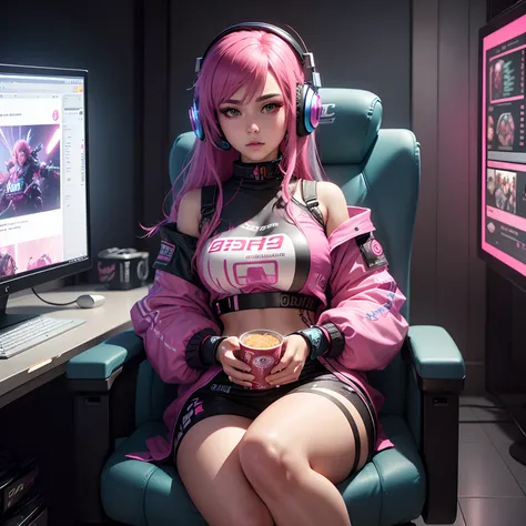 High detail CG，rich details​，E-sports hotel，Instant noodles，cyber punk style，Esports girls，Wear cyberpunk-style headphones，Blue-pink hair，Sit in a gaming chair，The art of clocking in