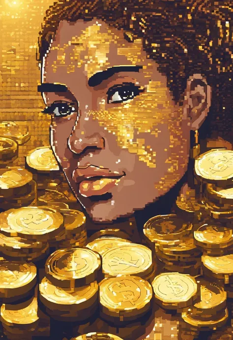 Art Photo, a photograph of a crying young woman plastered with dollar gold coins, overhead shot, dazzling sunlight, intricate, flashy, translucent, medium scene, grotesque art style, extremely creative, simple and mysterious, high quality, 8k