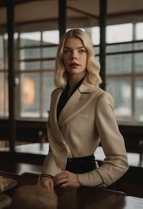 Realista, linda loira (Anya Taylor-Joy) (atriz, Anya Taylor-Joy rosto)
(Atriz, modelo), detalhado, olhos sedutores (seios grandes), (corpo inteiro), vestindo Blade Runner 2049, traje Netflix streaming, (cidade futurista), tempestade, a obra-prima de melhor...