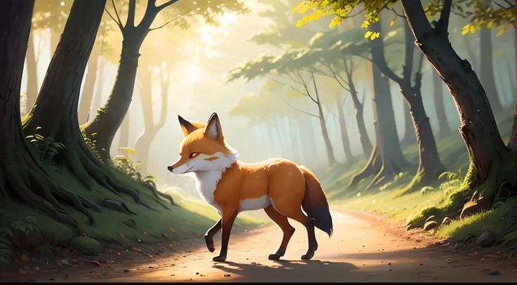 illustration, super cute, a fox walking in the forest