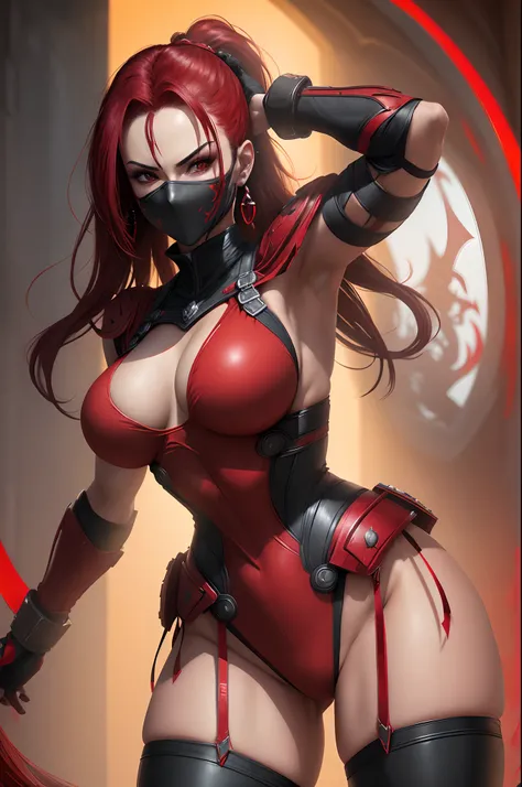 (masterpiece, top quality, best quality, official art, beautiful and aesthetic:1.2), (1girl:1.3), (fractal art:1.3), solo, skarlet  from mortal kombat, skarlet mk11, skarlet mk9, Mortal Kombat video game, black headband, long hair, huge breasts,big butt, s...