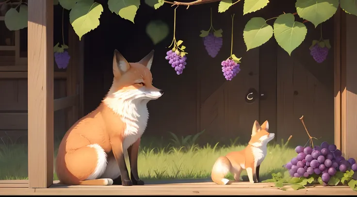 illustration, super cute, during the day, a fox watching a bunch of grapes hanging out of reach