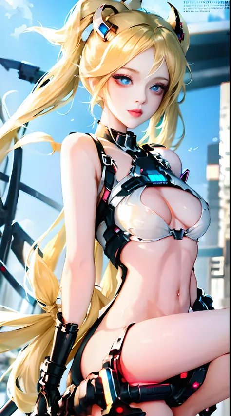 Female, alien, sexy, cutout breasts, blonde hair, twin-tails, blue eyes, anime, small breasts, detailed face, detailed breasts, exposed breasts, demon girl, cyberpunk, nsfw, functionally