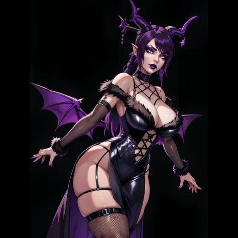 Gothic female wearing sexy fur lined dress, has purple hair, thicc, wearing fishnets, sexual pose, nsfw, lewd, black lipstick, goth makeup, has demon wings, has tiefling horns