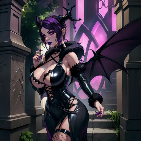 Gothic female wearing sexy fur lined dress, has purple hair, thicc, wearing fishnets, sexual pose, nsfw, lewd, black lipstick, goth makeup, has demon wings, has tiefling horns