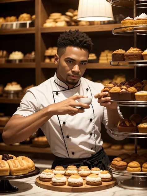 A man in revealing chefs clothes stands in front of a display case with pastries and desserts, light skin, in a coffee shop, muscular, Completely, beatiful face, Eyes with brightness, The man looks confident and determined, Holds the cake