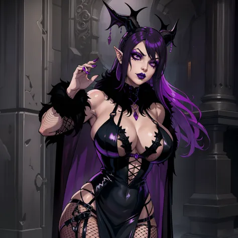 Gothic female wearing sexy fur lined dress, has purple hair, thicc, wearing fishnets, sexual pose, nsfw, lewd, black lipstick, goth makeup, has demon wings, has tiefling horns