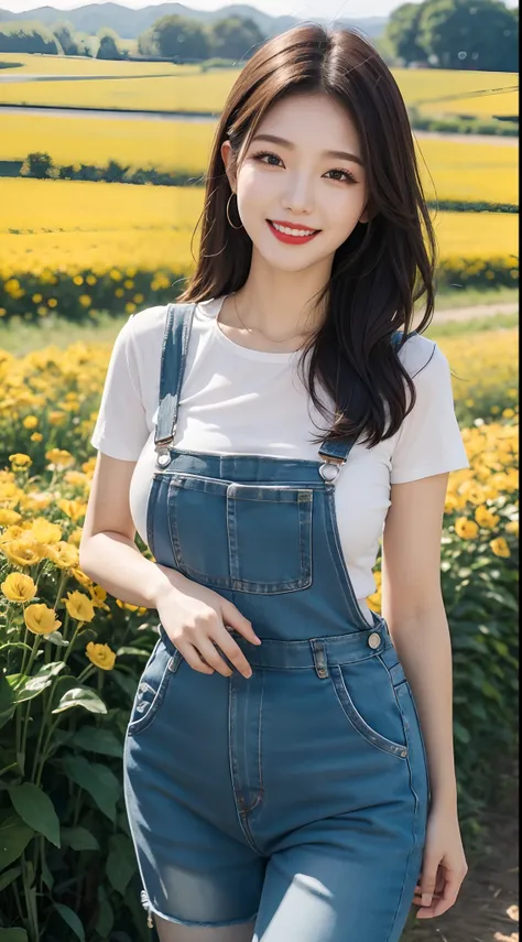 best quality, 4k, 8k, Detailed faces, beauty girl, Korean makeup, Red lips, laugh, perfect body, big breasts, thigh, Girl in overalls, girls and cattle, Flower field,