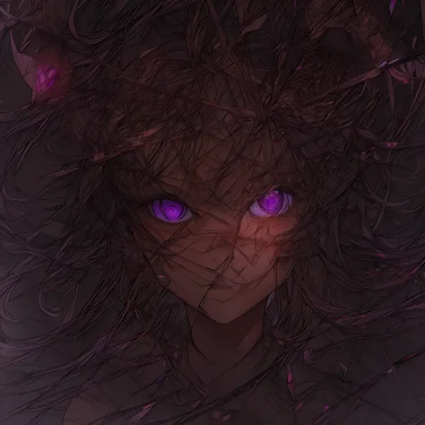 (female_face) (female body) anime girl with black hair and purple eyes looking through broken glass, shattered glass, broken gla...