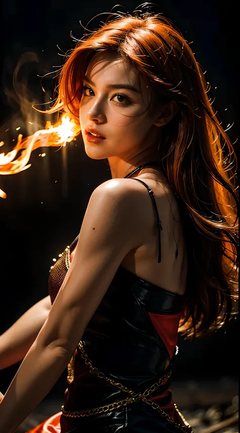 Girl playing with fire, ablaze with intensity, Glowing embers, Swirling smoke, Mesmerizing action, Flowing red hair, sparks flying, Fearless expression, Dark background, Intense lighting, Fiery atmosphere, dynamicposes, Dangerous beauty, Fascinating energy...