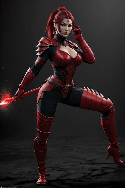 (masterpiece, top quality, best quality, official art, beautiful and aesthetic:1.2), (1girl:1.3), (fractal art:1.3), solo, skarlet  from mortal kombat, skarlet mk11, skarlet mk9, Mortal Kombat video game, black headband, long hair, huge breasts,big butt, s...