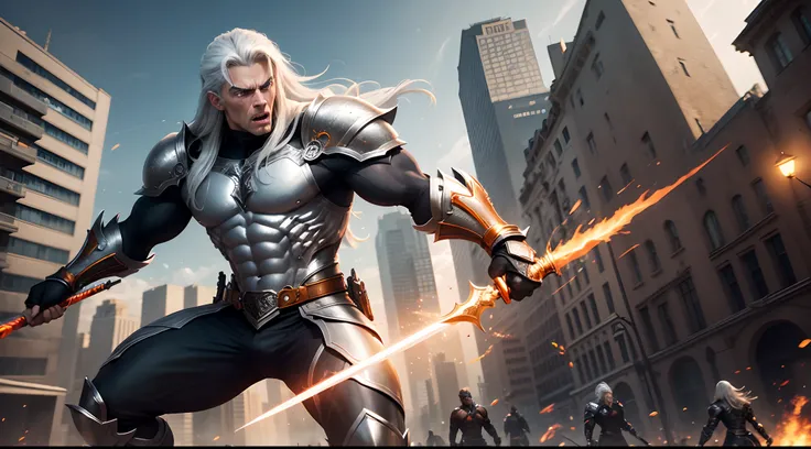 1 Man, 17 years old, muscular, 1.65 tall, long gray hair with white streaks, orange eyes, hilt, epic armor, dark clothes, Sword kills dragons best quality, high quality, High details, juice, accurate, anatomically correct, textured skin, UHD, 1080p splash ...