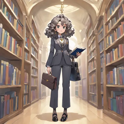 Super delicate、Holding a lot of books in each hand、tailored, Charcoal gray pantsuit, Vintage brooch, Silver chain holds magnifying glass pendant, Black leather shoes, Brown skin,Middle Age, Silver necklace, Curly hair, character turnaround, Front view, Sid...