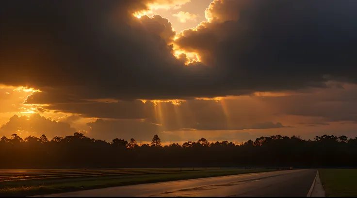 beautiful sight，8k，lots of detail，hyper realisitc，there are dark clouds in the sky，evening light，beautiful sunset，light shines t...