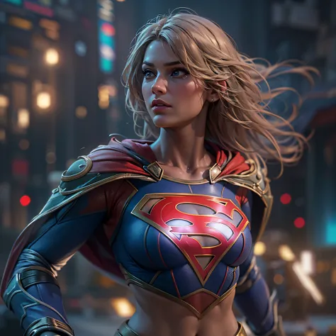 Warrior Supergirl, intricate, hyper-maximalist, elegant, hyper realistic, epic high details, full details, high resolution, dynamic slight blue lighting, rendering, realism, Photo-realistic, ultra realistic, octane render, unreal engine, hyper detailed, vo...