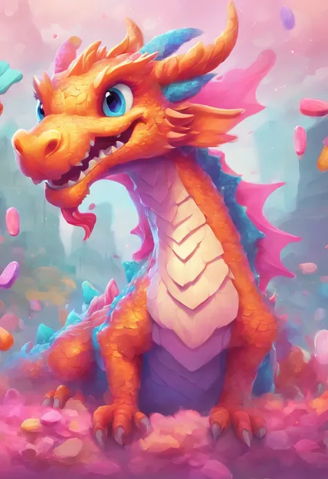 (best quality),candy dragon,flat art,western dragon,smooth surface,textured sugar,playful eyes and smile,deliciously vibrant colors,simple background,pastel tones,soft lighting,artistic rendering"