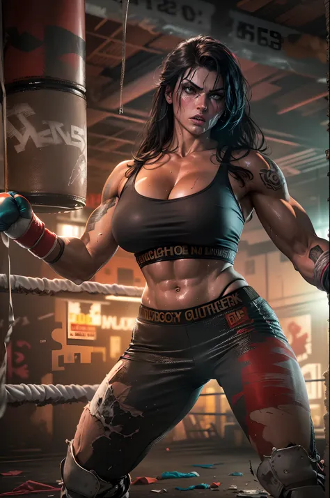 (best quality,highres:1.2),(ultra-detailed),(realistic:1.37),(HDR,UHD),(physically-based rendering), (Denise Milani as a sexy busty muscle boxing girl in a grungy boxing gym punching a punching bag and sweating heavily ),(cyborg),(topless),(fighting in an ...