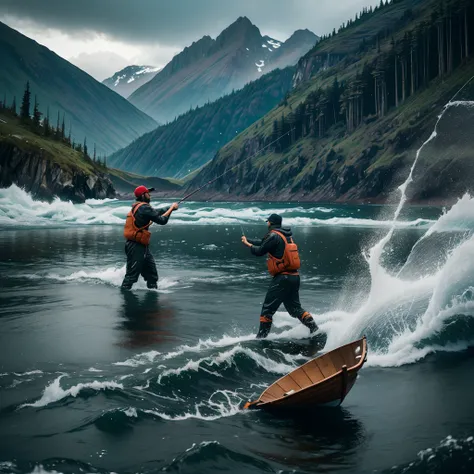 (best quality,alto),A boy fishing for salmon in Alaska, Na margem do rio, um urso gigantesco perseguindo o pescador, Dramatic lighting and intense atmosphere, cores vibrantes, Detailed representation of mans fishing equipment and bear skin, Estilo fotorrea...