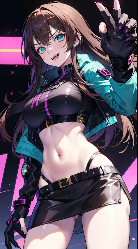 A  girl, Long brown hair, Heteroromy, left violet eye, Right Golden Eye, Turquoise cyberpunk top, leather jacket, Upskirt, open belly, open breasts, large breasts, smirk, tooth, fangs, claws, hiquality, 4k, HD, Good detail