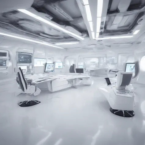 Pure white room，Meticulous environment，monitor with data dashboards everywhere, masterpiece, 8k, high resolution