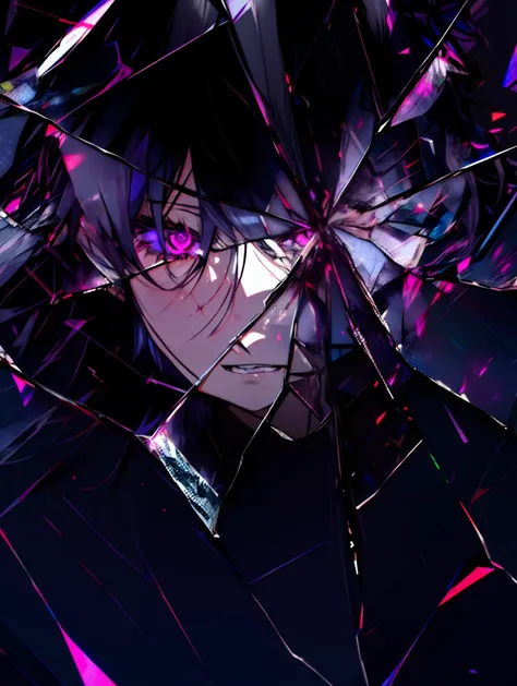 (female_face) anime girl, black hair, purple eyes ,looking through broken glass, shattered glass, broken glass, long haired, bla...