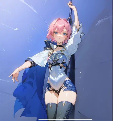 anime girl with pink hair and blue cape posing for a picture, angel knight girl, anime in fantasy style, artoria pendragon, anime style like fate/stay night, knights of zodiac girl, with cape, cute girl with short pink hair, made with anime painter studio,...