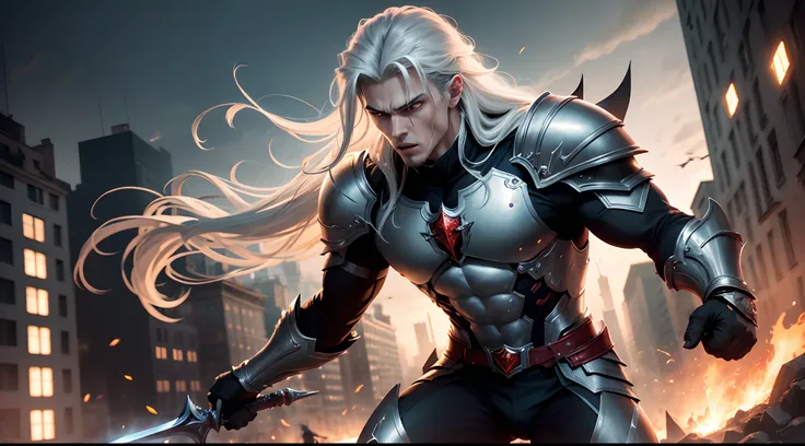 1 Man vampire version Knight, 17 years old, muscular, 1.65 tall, long gray hair with white streaks, orange eyes, hilt, epic armor, dark clothes, Sword kills dragons best quality, high quality, High details, juice, accurate, anatomically correct, textured s...