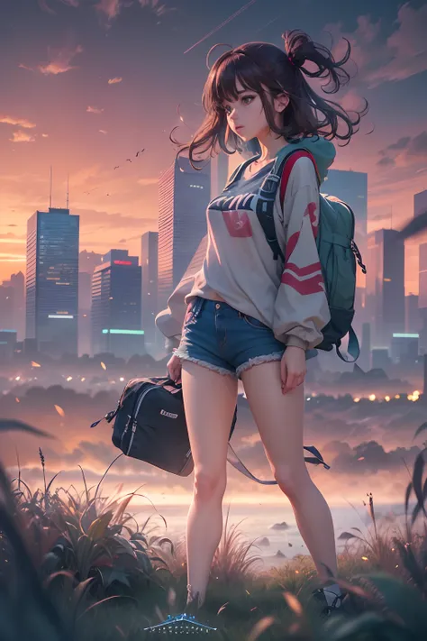 (beautiful and magnificent skyline, majestic sky), (extremely tense and dramatic pictures, moving visual effects), (high hanging Polaris, colorful natural light), (1girl), (long-sleeved top, denim shorts, carrying a backpack), (dynamic pose:1.3, black eyes...