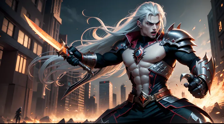 1 Man vampire version warrior Yu-Gi-Oh, 17 years old, muscular, 1.65 tall, long gray hair with white streaks, orange eyes, hilt, epic armor, dark clothes, Sword kills dragons best quality, high quality, High details, juice, accurate, anatomically correct, ...