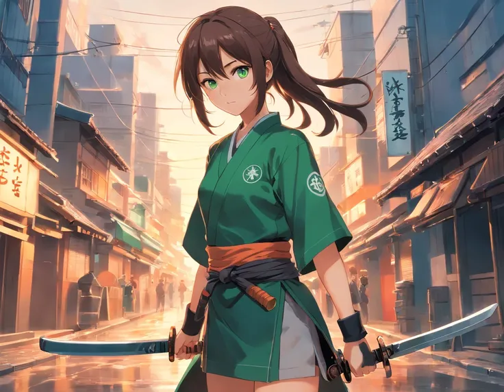 realistic, anime style, 1girl, long back hair, with green eyes wearing shinobi uniform with katana around her waste