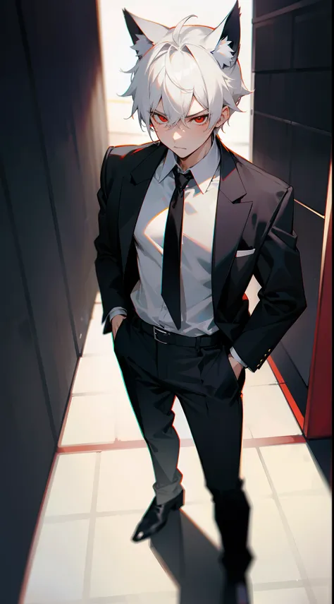 1boy,serious,solo,white shirt,black tie,black pants,medium hair,white hair,red eyes,fox ear,sex,sensual,standing in a school hallway,cowboy shot