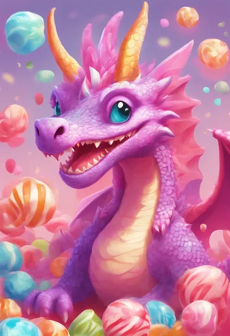 (best quality),candy dragon,flat art,western dragon,smooth surface,textured sugar,playful eyes and smile,deliciously vibrant colors,simple background,pastel tones,soft lighting, cute, bubblegum