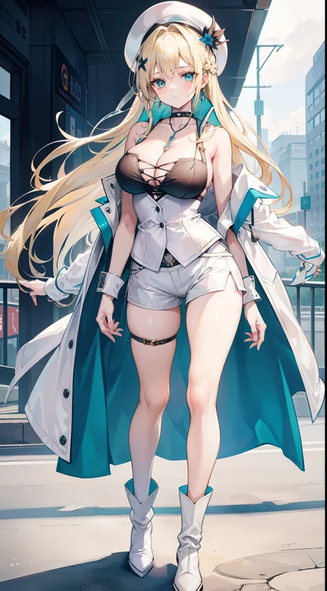 Chains，耳Nipple Ring，choker necklace，Forehead，middle parted hairstyle，femele，Train station，a beauty girl，Long light blonde hair，green pupills，Business suit，white business suit，in suit，White color blouse，(Ultra shorts)，wind coat，Cowboy hat，Flower arrangement...