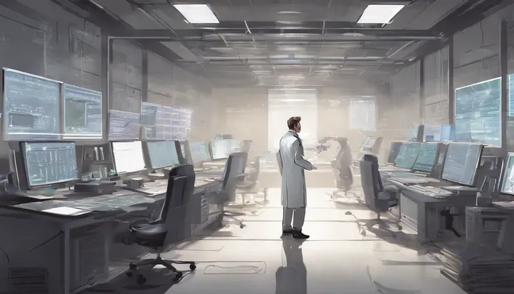 white and slightly brownish room，Meticulous environment，monitor with data dashboards everywhere, a scientist working on 1 computer, masterpiece, 8k, high resolution